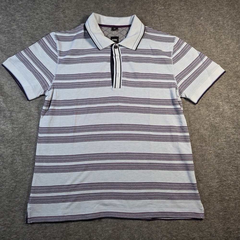Hugo Boss Polo Short Sleeve Slim Fit Striped Gray And Purple Mens Size M